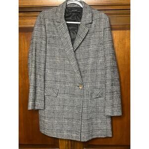 Zara Longline Double Breasted Checked Blazer Wool Blend